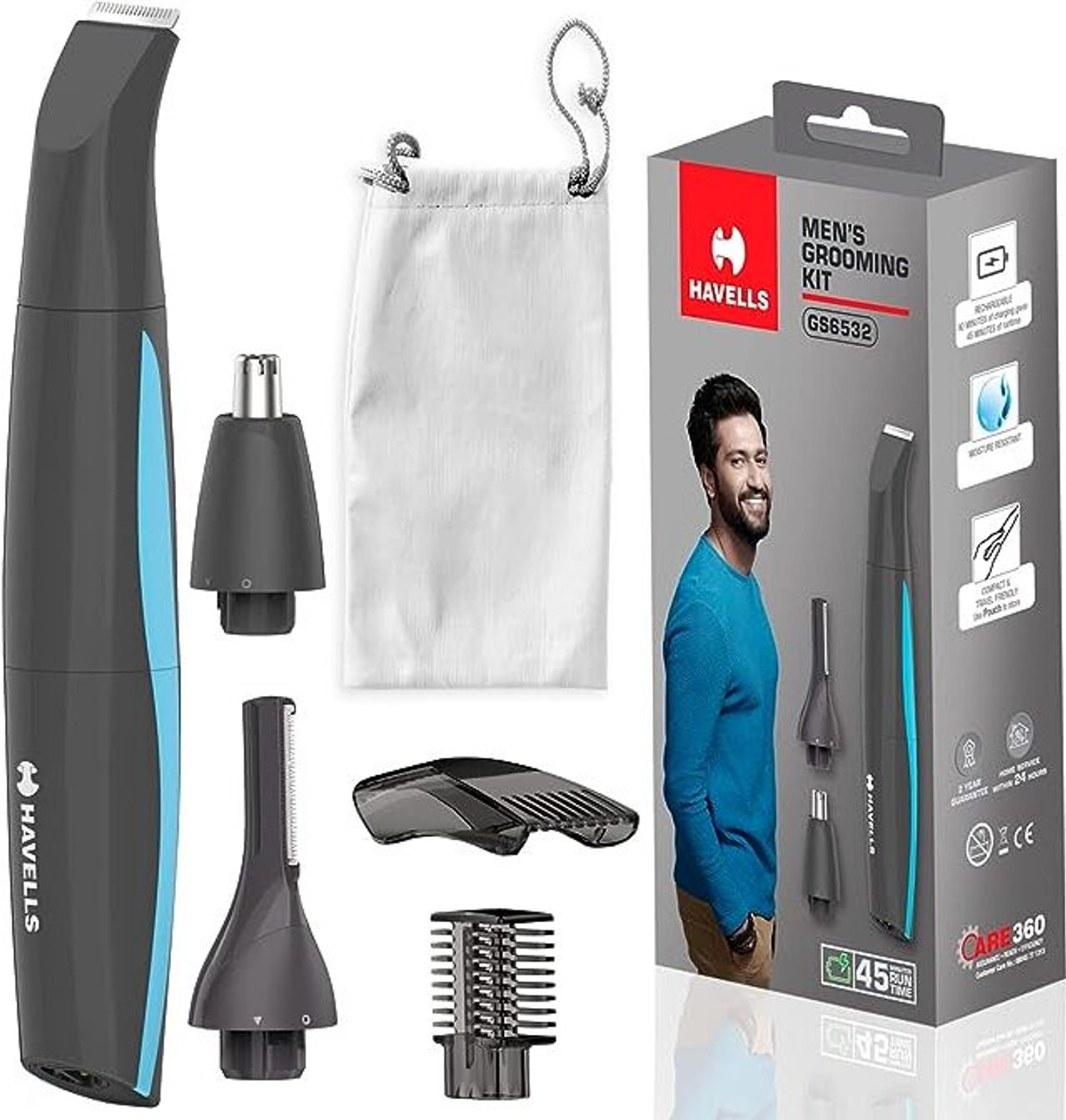 HAVELLS GS6532 5-in-1 Men's Grooming Kit with Protective Combs, Rechargeable Grooming Kit 45 min  Runtime 4 Length Settings