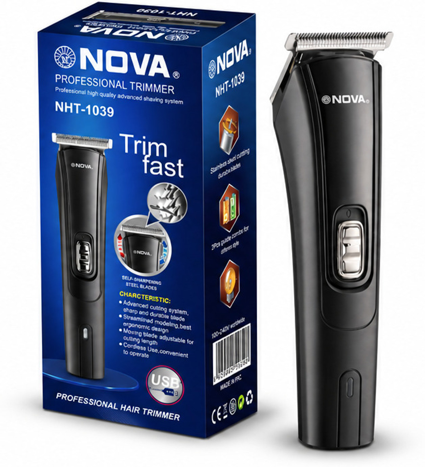 NOVA NHT 1039 USB Trimmer 45 min Runtime 5 Length Settings (Black) - Image 1