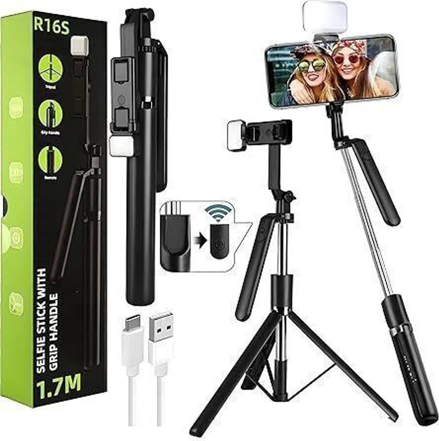 Sconzi R16S Selfie Stick Tripod with Flash Light, Black - Image 1