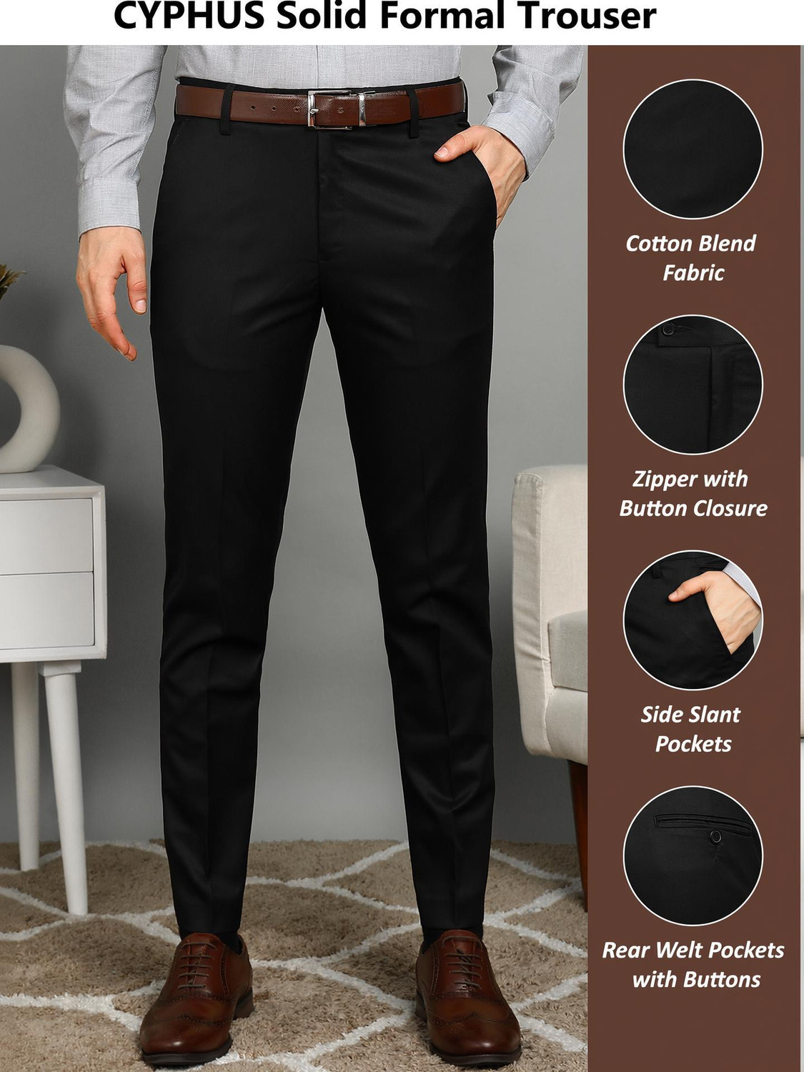 CYPHUS Men Regular Fit Black Lycra Blend Trousers - Image 1