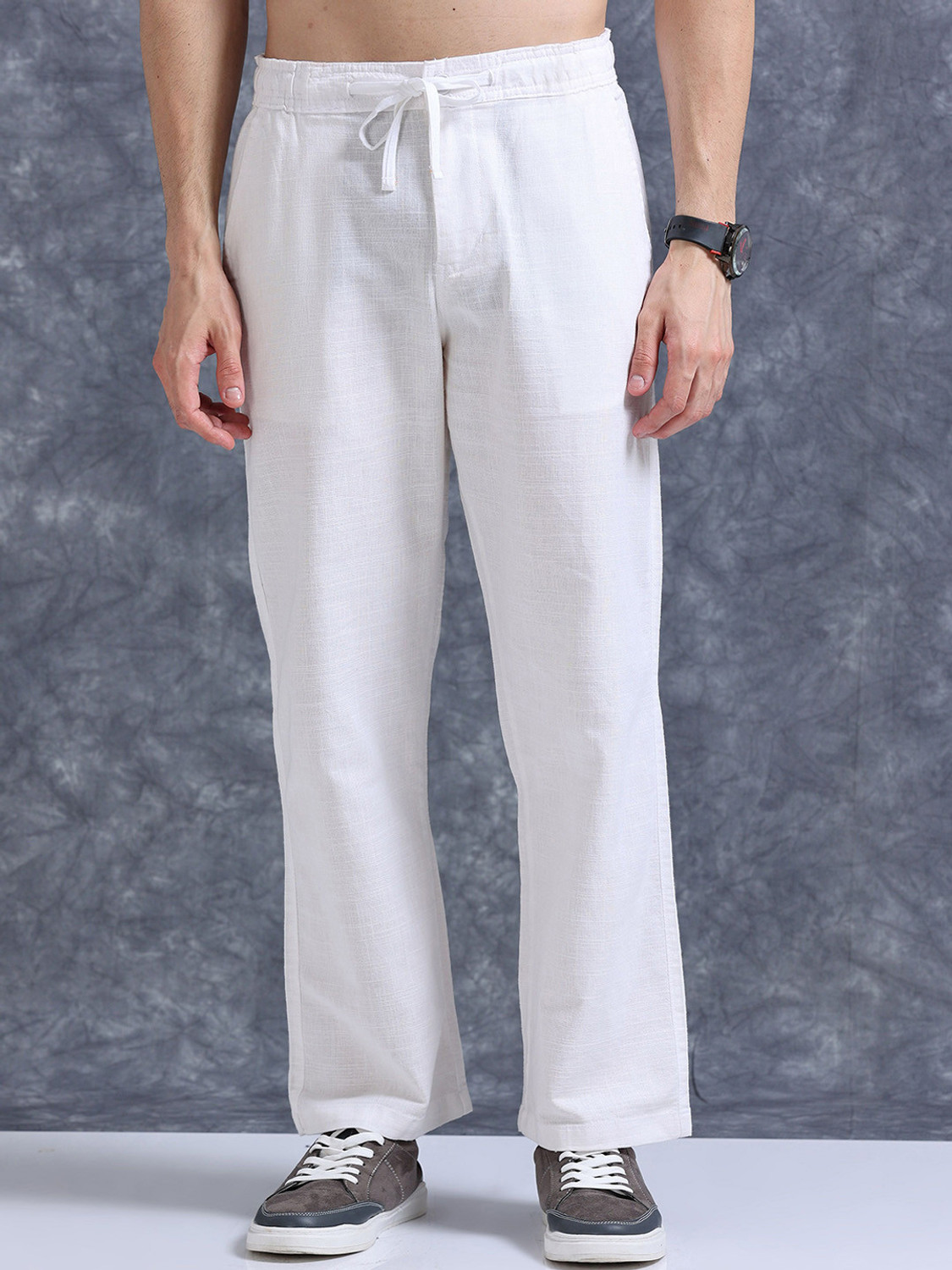 Plus91 Men Relaxed White Pure Linen Trousers - Image 1