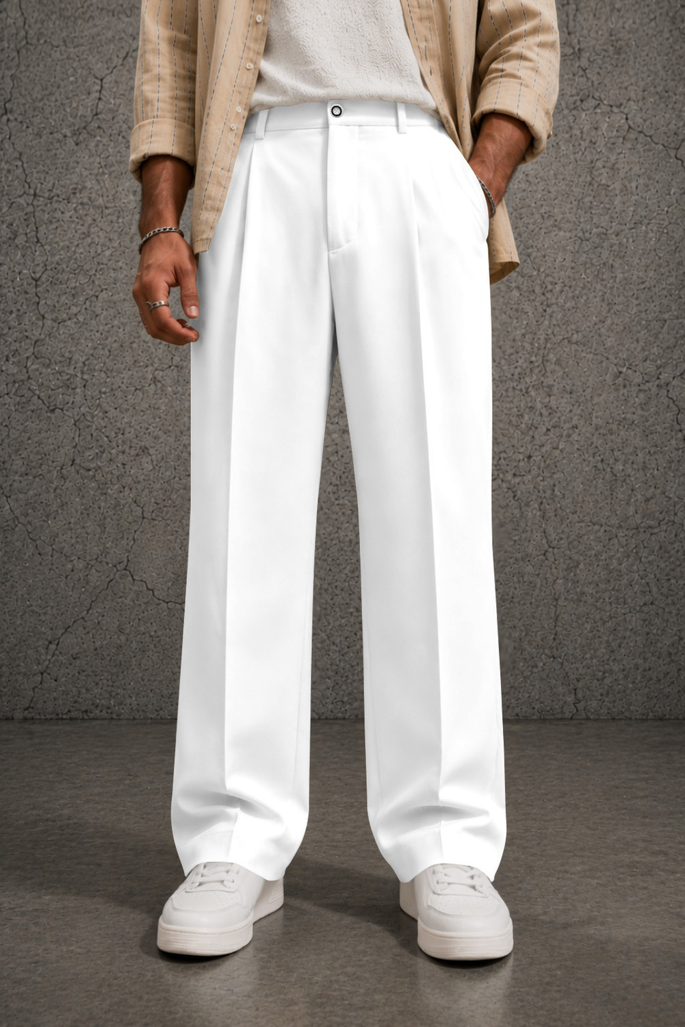FTX Men Loose Fit White Lycra Blend Trousers - Image 1