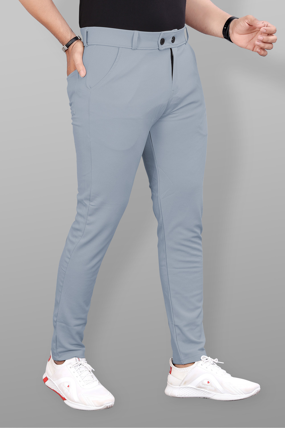 COMBRAIDED Men Slim Fit Grey Lycra Blend Trousers - Image 1