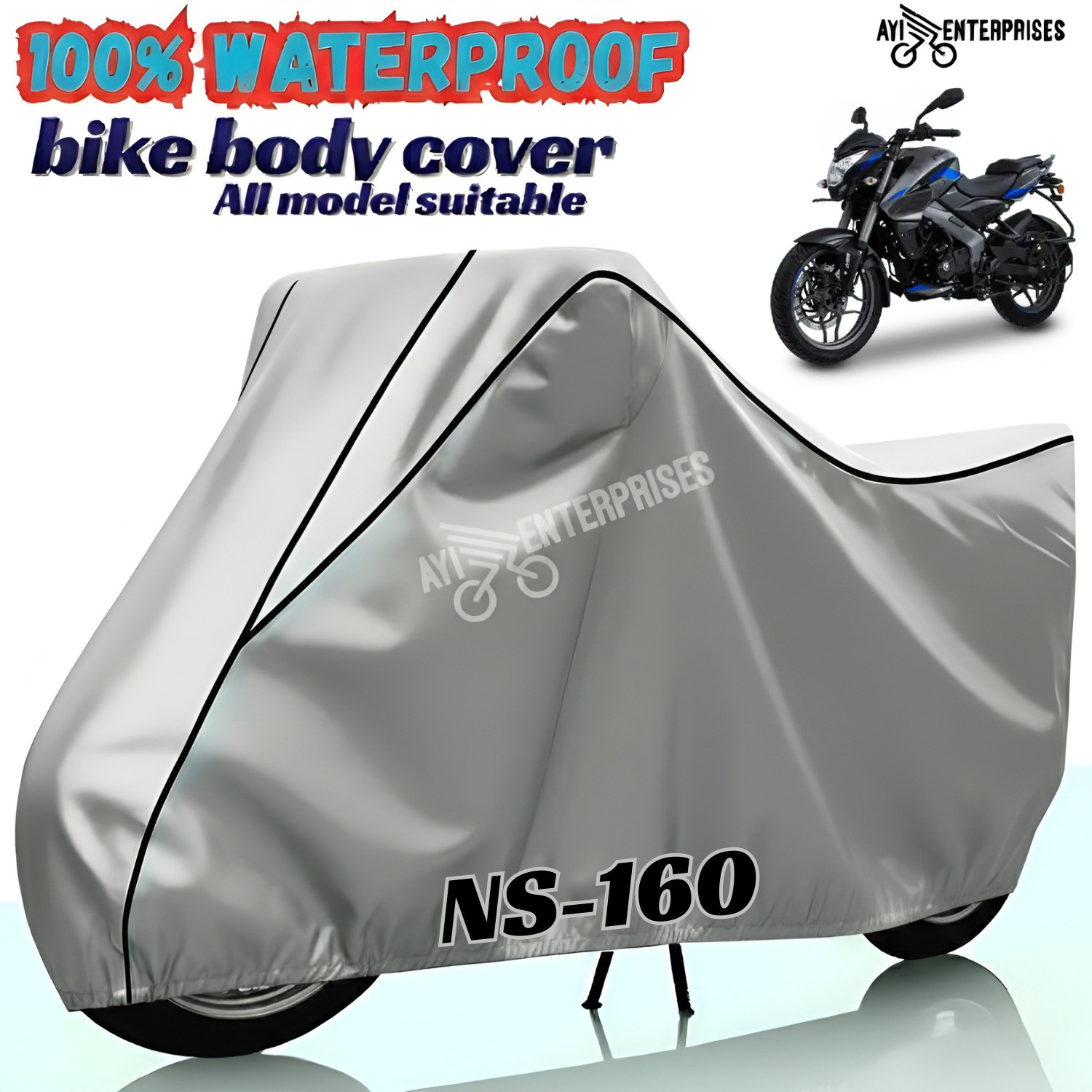 Ayi Waterproof Two Wheeler Cover for Bajaj Pulsar 160 NS DTS-i, Silver - Image 1
