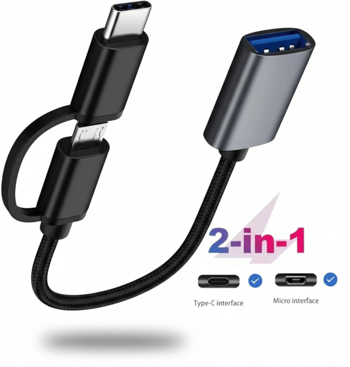 DELOX USB 2 IN 1 OTG Connector OTG 2IN1 USB Hub (Black) - Image 1