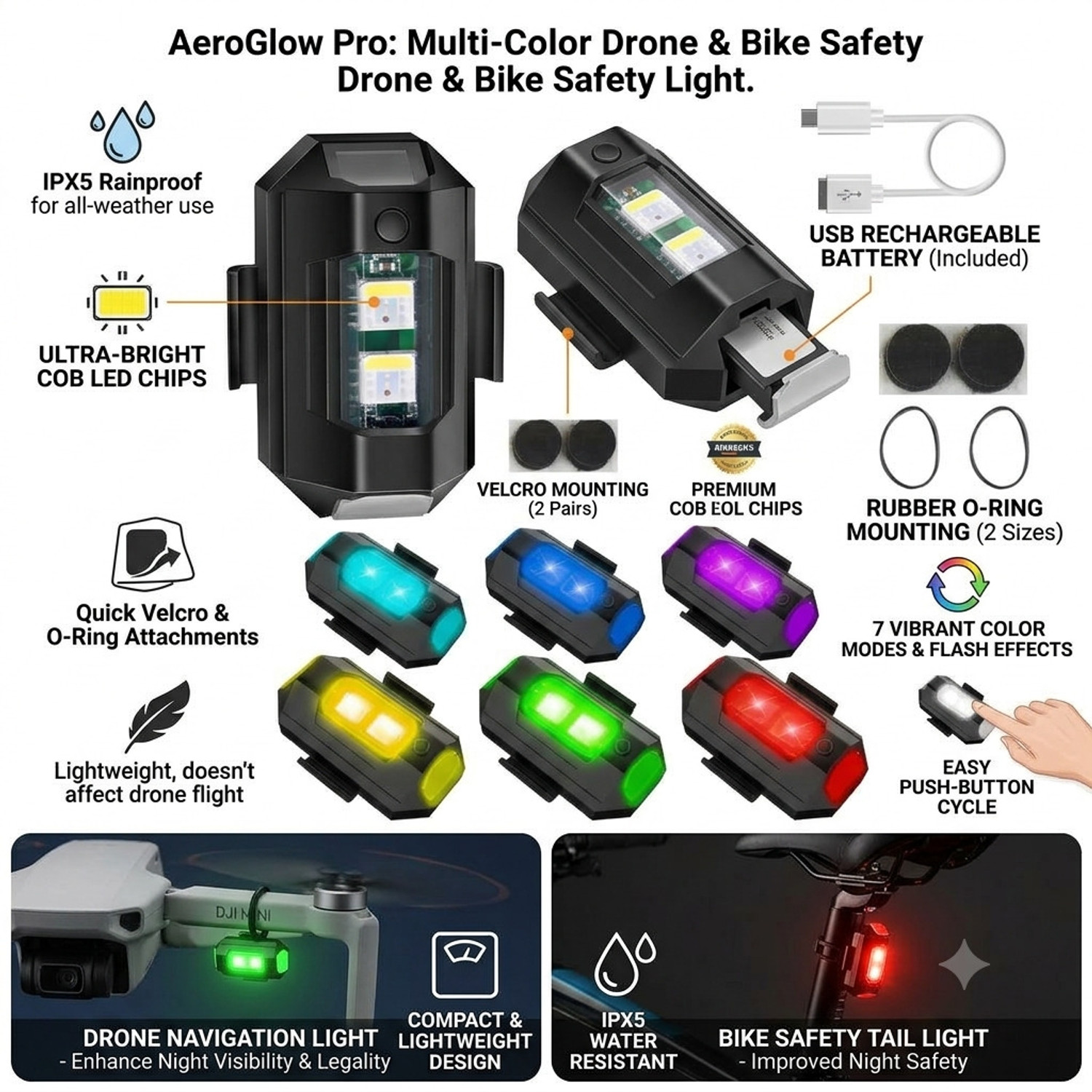 AutoGnix 7 Colors LED With 3 Flashing Mode Aircraft Strobe USB Rechargeable Light KitV Tail Light Motorbike, Car LED (12 V, 15 W) (Universal For Bike, Pack of 2) - Image 1