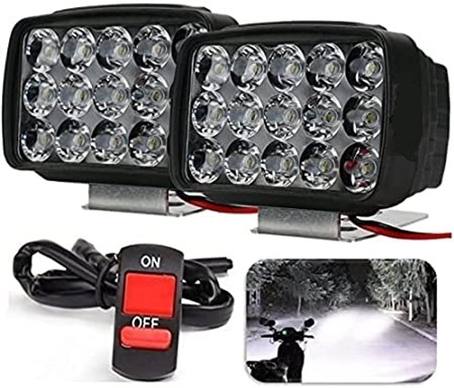 Spotlight Imported 15 LED Waterproof Heavy Duty Fog Light Spot Beam With Handlebar Switch Back Up Lamp Car, Motorbike, Truck, Van LED (12 V, 55 W) (Universal For Bike, Universal For Car, Pack of 1) - Image 1