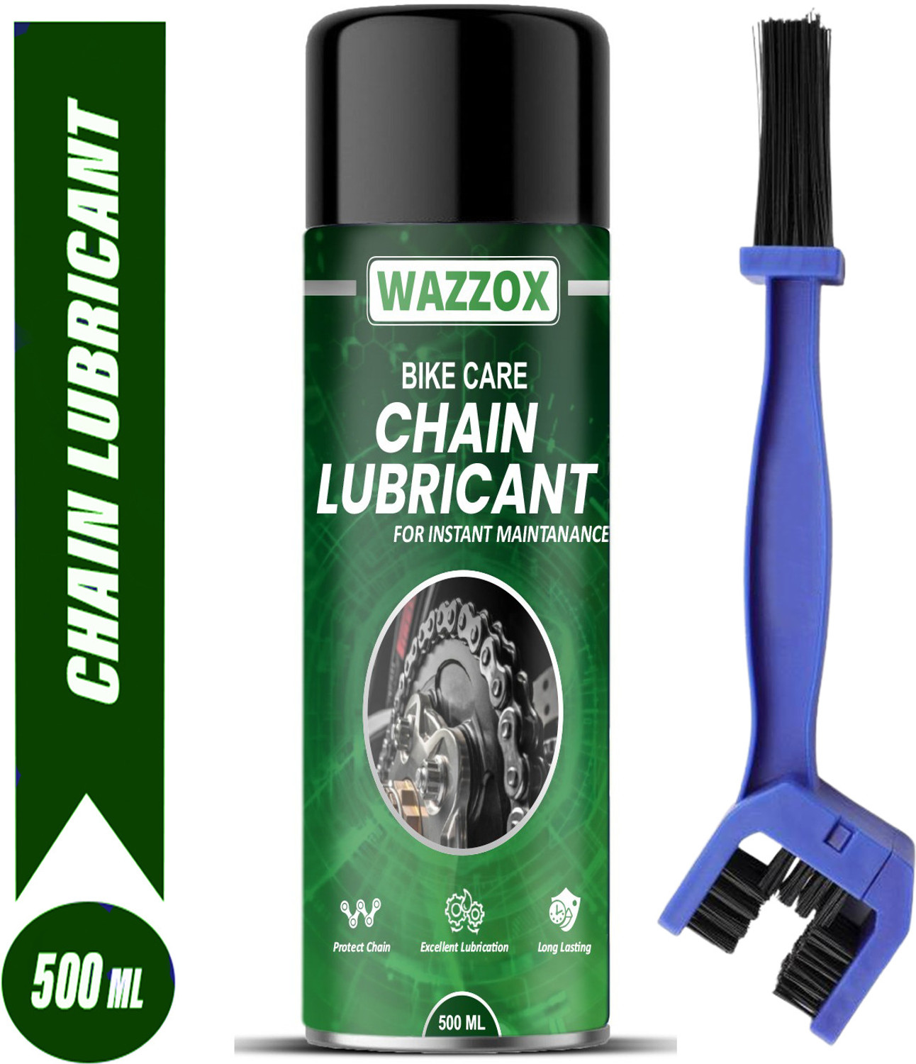 WAZZOX Bike Chain Lubricant Spray With Brush Cleaner For All Chain Type | Lubrication Rust protection Prevent Chain Breakage Chain Oil (500 ml, Pack of 1) - Image 1