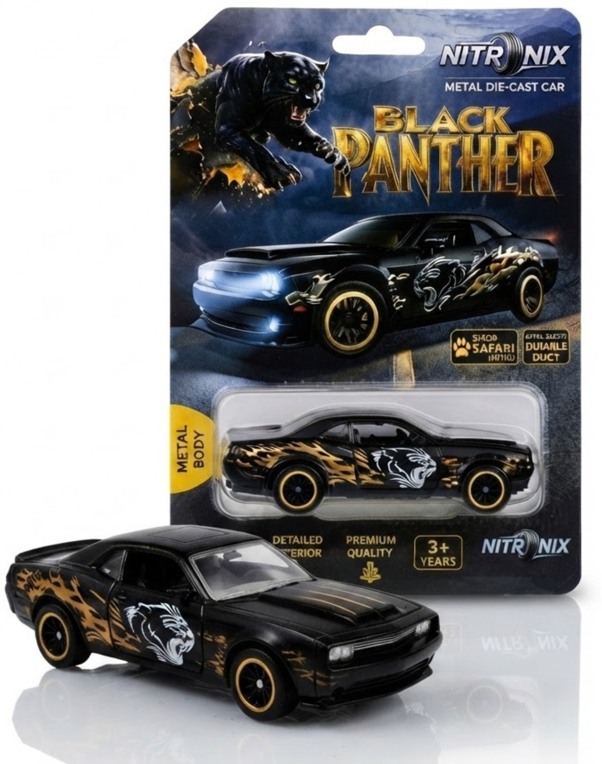 kikilala Free Rolling Collectible 1:64 Black Panther Dodge Challenger Car Metal Toy (Black, Pack of: 1) - Image 1