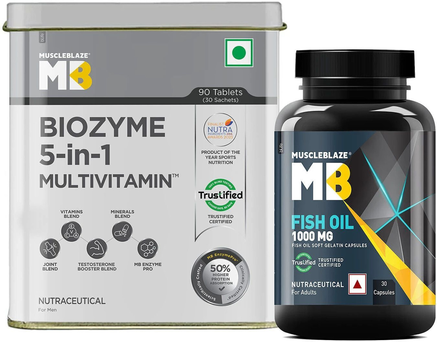 MUSCLEBLAZE Biozyme Daily Multivitamin, 90 Tablets with Omega 3 Fish Oil 1000mg, 30 Capsules (2 x 60 Tablets) - Image 1