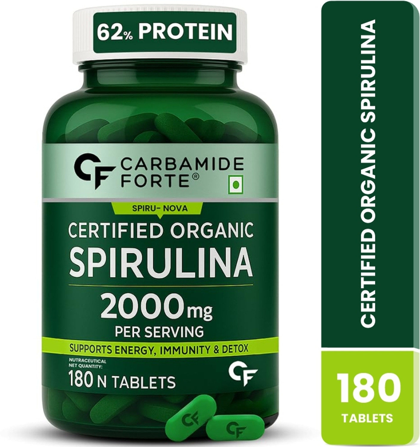 CARBAMIDE FORTE Certified Organic Spirulina Tablets 2000mgTo Support Energy, Immunity (180 Tablets) - Image 1