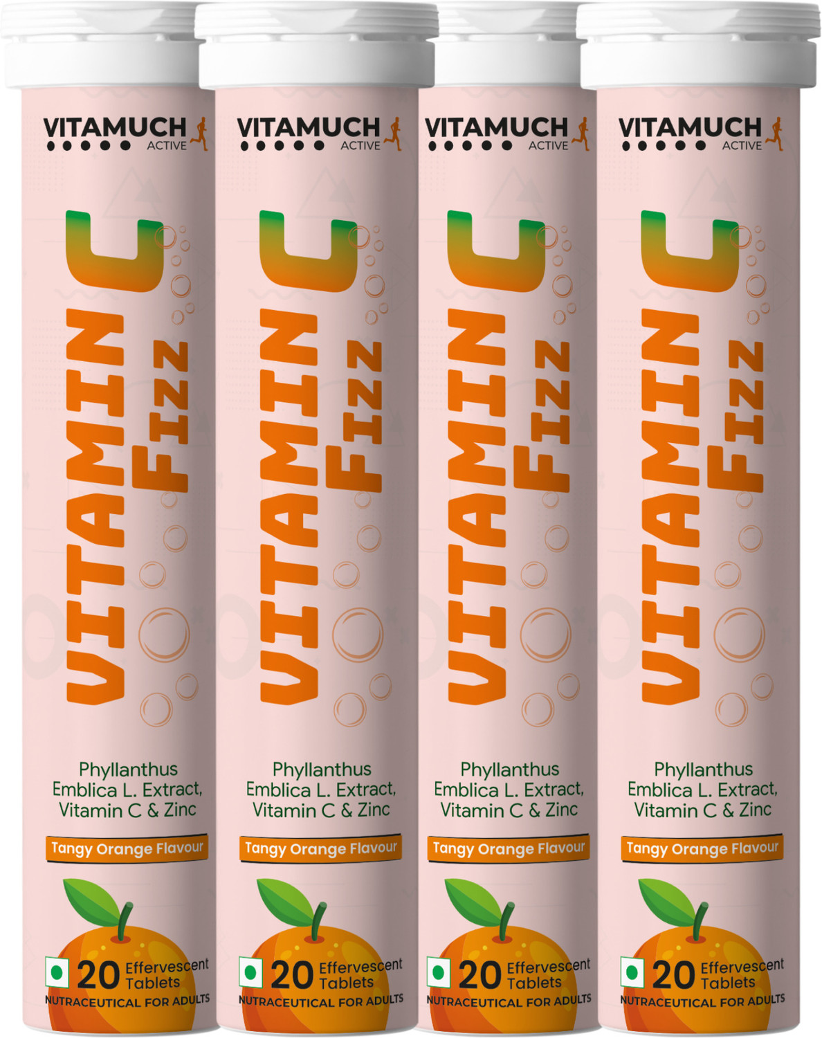 VITAMUCH Vitamin C Fizz | Amla Extract & Zinc | Immunity & Skin | Tangy Orange-Pack of 4 (4 x 5 Tablets) - Image 1
