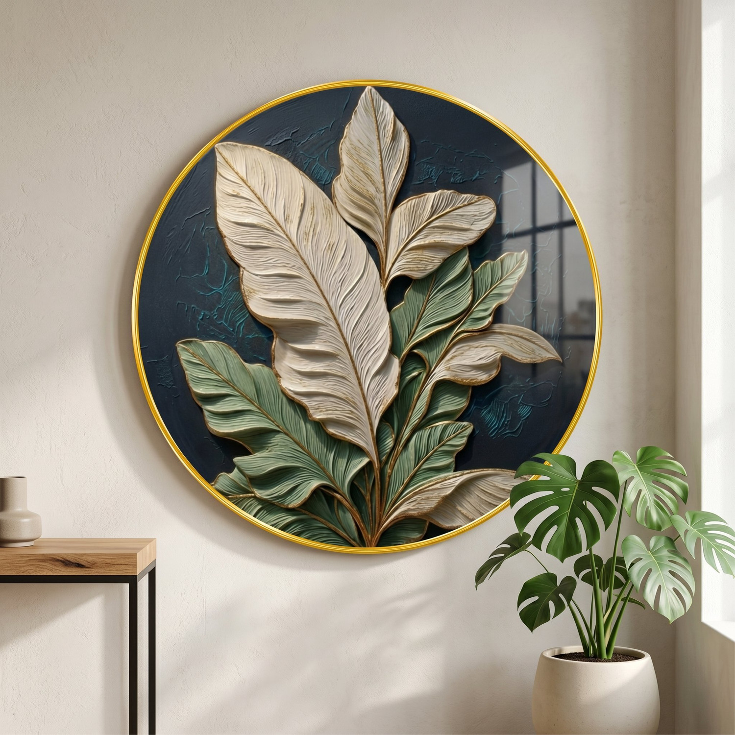 Flipkart Perfect Homes 3D Leaf Textured Round Wall Painting, 16 inch, - Image 1