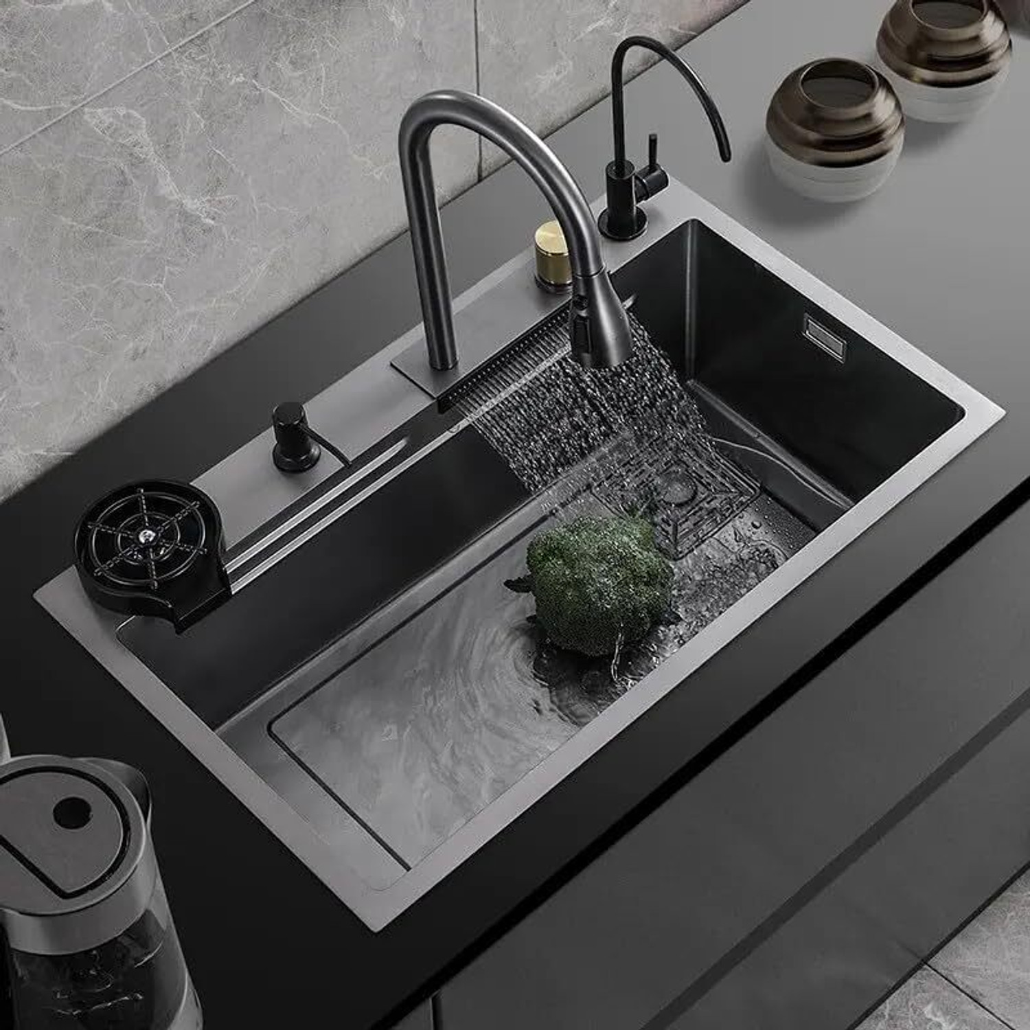 Q-IMAGE 304 Grade Kitchen Sink 30x18x9 Black with Faucet - Image 1