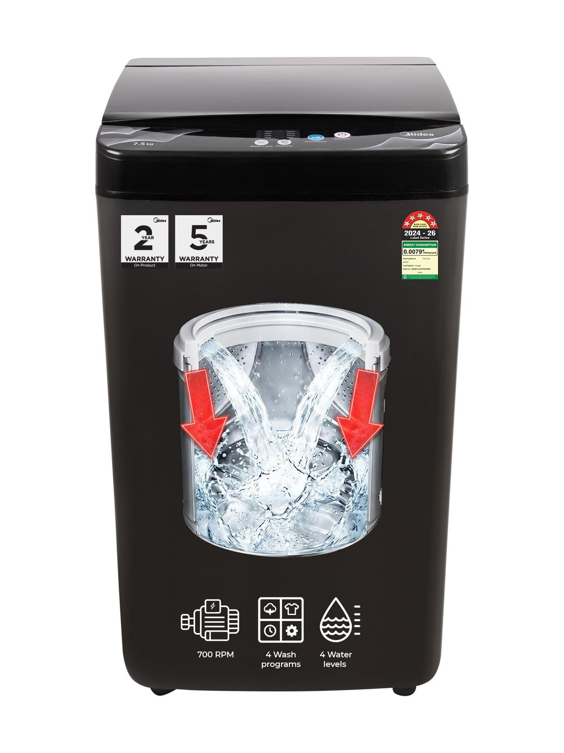 Midea 7.5 kg Fully Automatic Top Load Washing Machine (Black) - Image 1