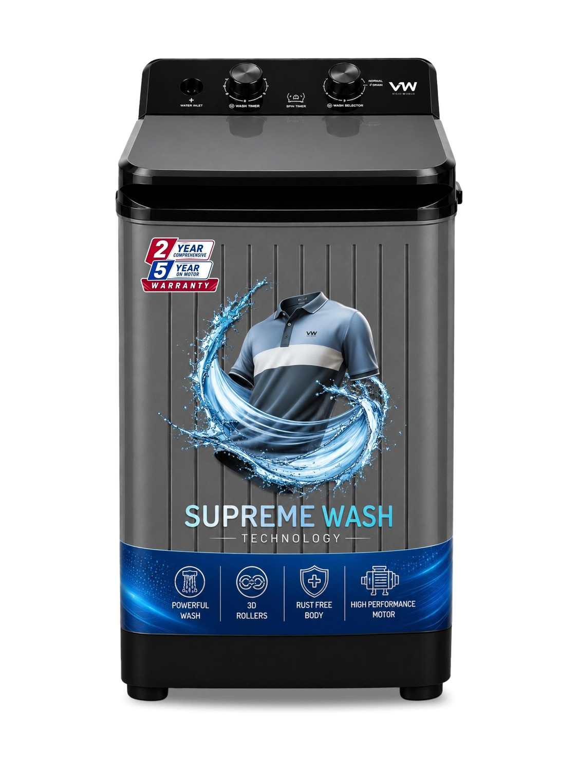 VW 8.5 kg Semi-Automatic Top Load Washer (Grey) - Image 1