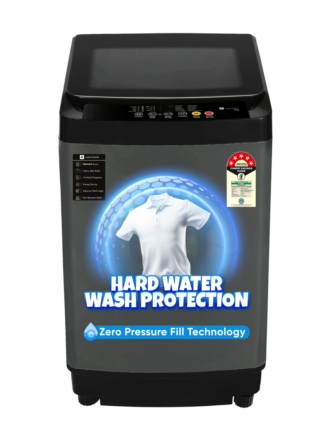realme TechLife 7.5 kg with Hard Water Wash Protection & Zero Pressure Fill Fully Automatic Top Load Black, Grey (RMTL755NNNEGR) - Image 1