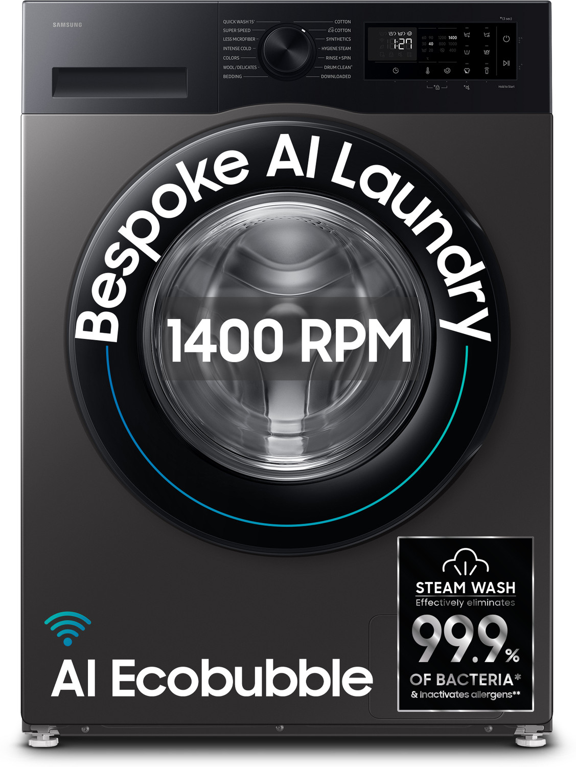 Samsung 9 kg 5 Star, AI Ecobubble, Super Speed, Wi-Fi, Hygiene Steam, Digital Inverter Motor Fully Automatic Front Load with In-built Heater Grey (WW90DG5U24AXTL) - Image 1