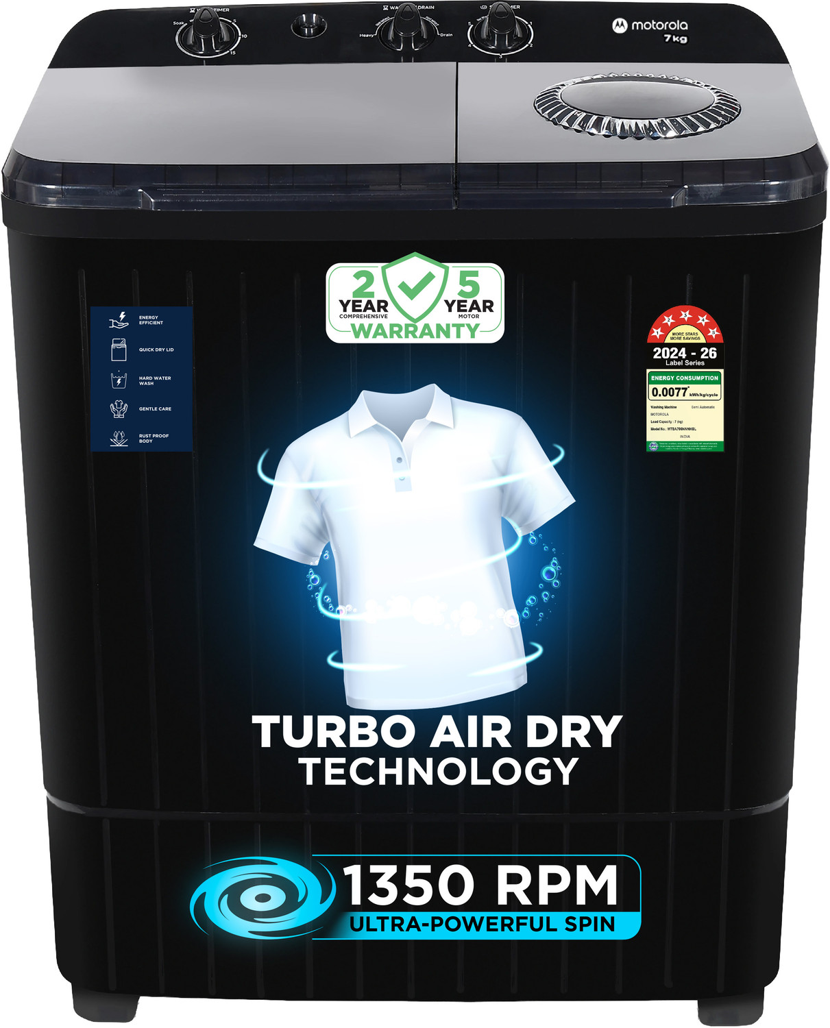 MOTOROLA 7 kg with Turbo Air Dry and Magic Filter Semi Automatic Top Load Black (MTSA705NNNHBL) - Image 1