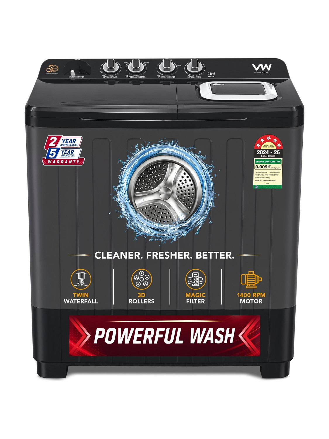 VW HydroMax0010P 10.5 kg Semi Automatic Top Load Washing Machine, - Image 1