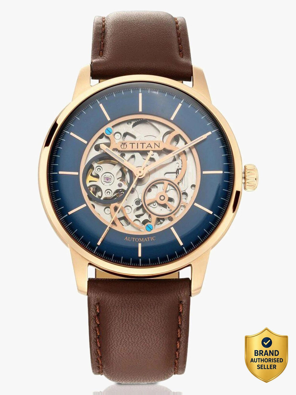 Titan Automatic Blue Dial Brown Leather Strap Analog Watch - For Men NT8976SM01W,NN8976SM01W,NU8976SM01W,NU90110WL06 - Image 1