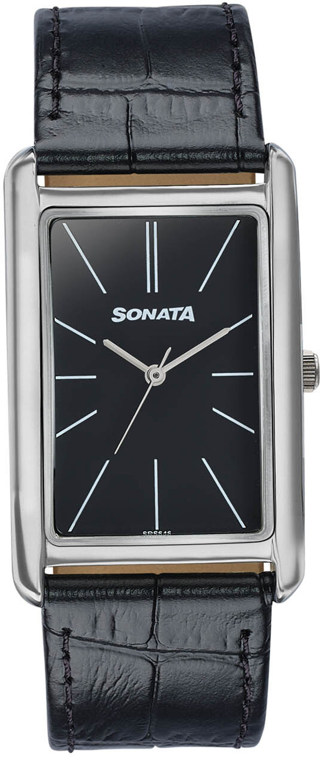 Sonata Ascent Quartz Black Dial Leather Strap Watch for Men - Image 1