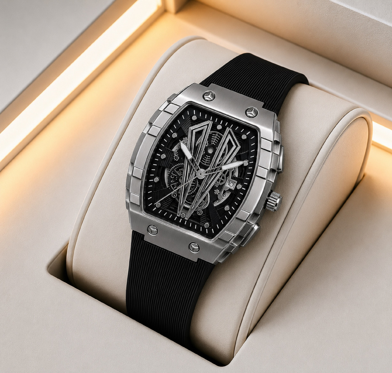 MAAN INTERNATIONAL Obsidian Vortex Series Skeleton Dial Tonneau Shape Case Premium Silicone Strap Analog Watch - For Men OBS-SKL-VTX-BLACK - Image 1