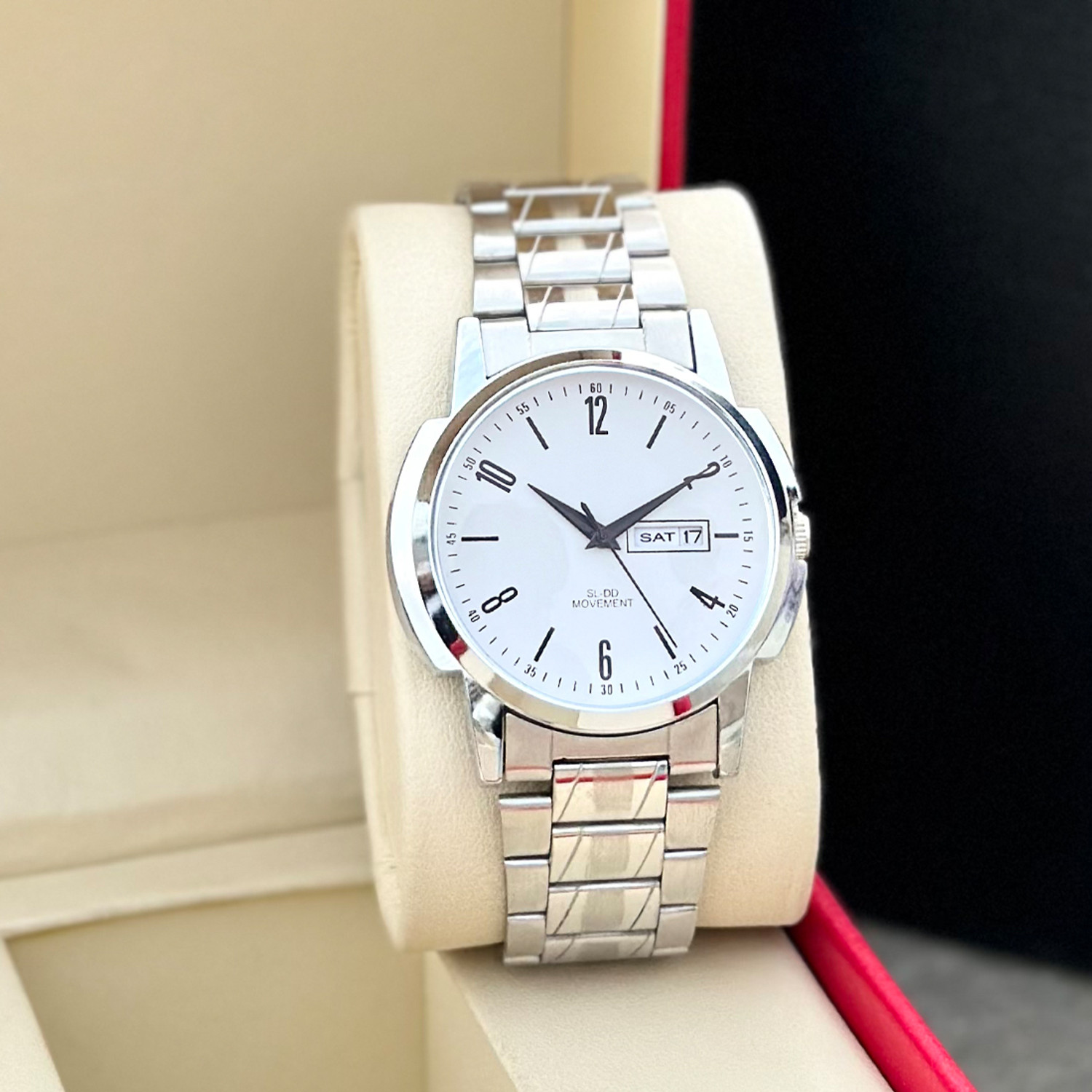 REESKY Day & Date Function Watch With White Coated Dial, Stainless Steel Chain Analog Watch - For Men OHHO - 01 Silver - Image 1