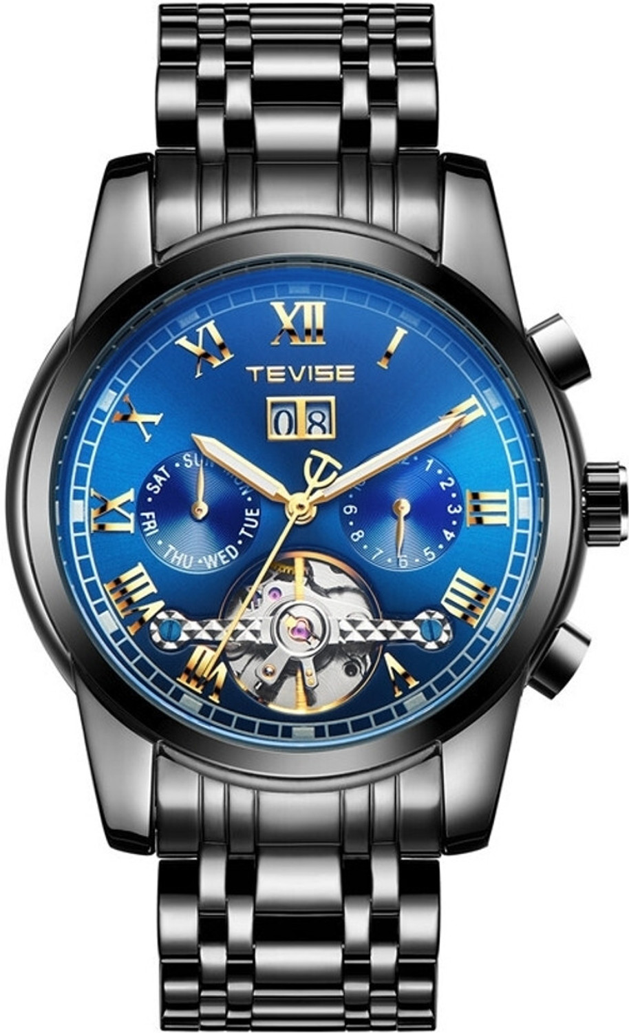 Tevise Automatic Mechanical Skeleton Chronograph Luxury black chain wrist watch steel Analog Watch - For Men 9005 - Image 1