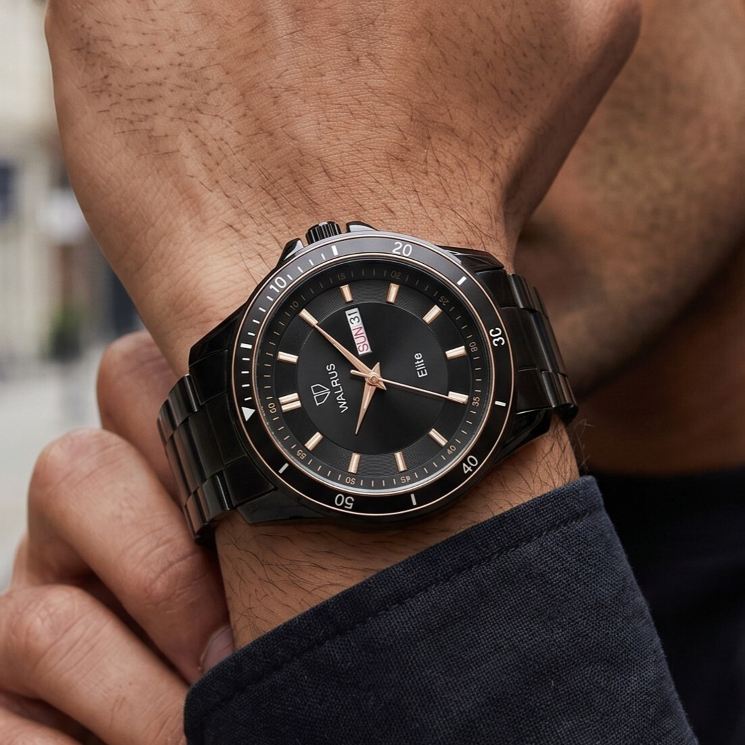 Walrus Medium Size Black Dial Day Date Display Stainless Steel Strap Premium Analog Watch - For Men WWTM-ELITE-XVIII-020202 - Image 1