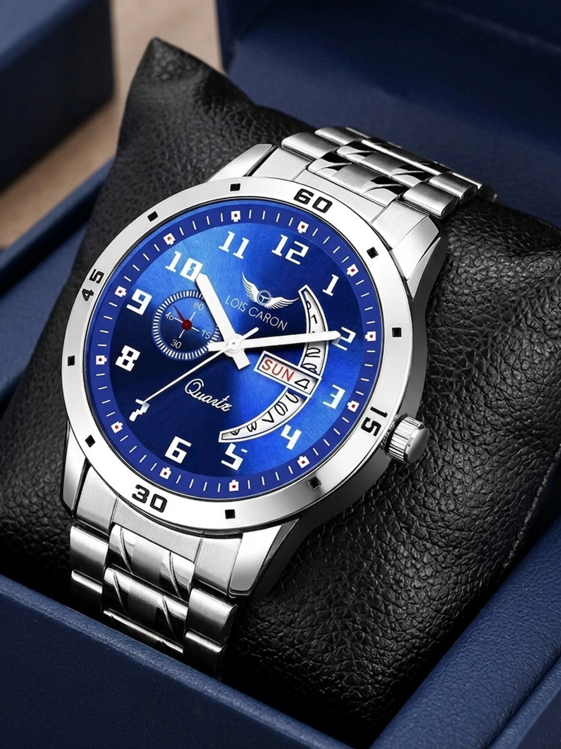 LOIS CARON LCS-8188 Day & Date Steel Chain Watch (Blue) - Image 1