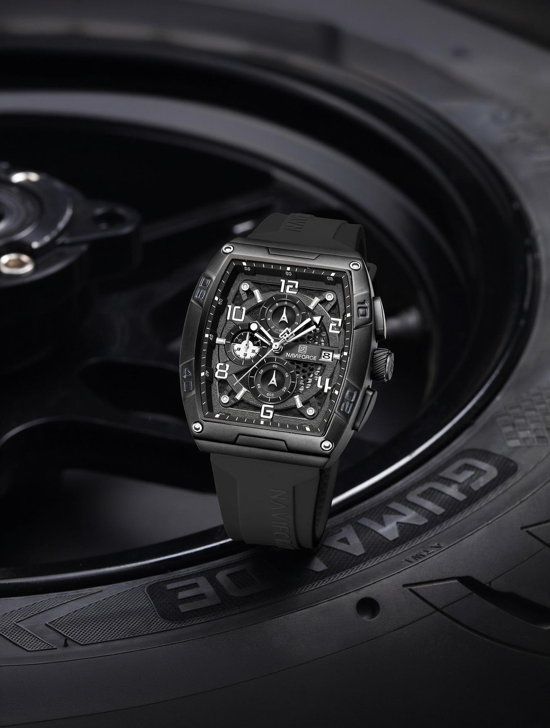 NAVIFORCE Black Luminous Hollow Dial with three chrongraph function Analog Watch - For Men NF8052 Barrel-shaped silicone strap timepeice - Image 1