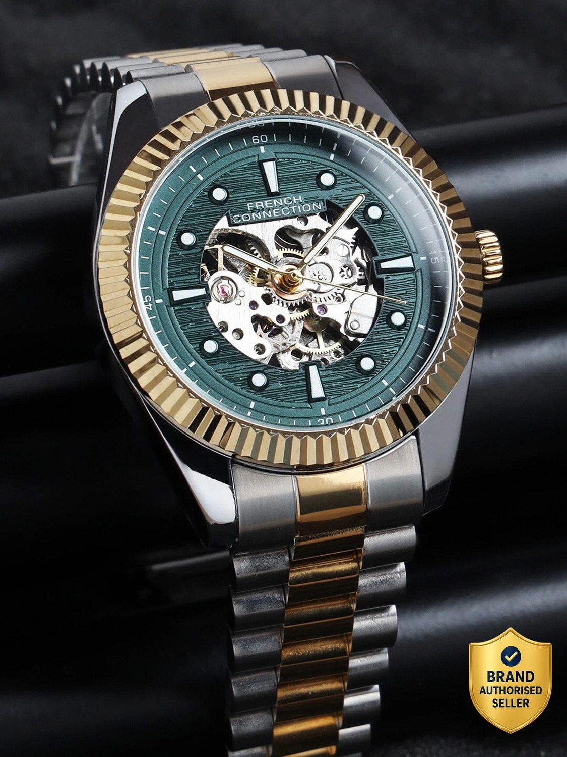 French Connection Men Green Textured Dial Automatic Gold Watch Analog Watch - For Men FCA12TM - Image 1