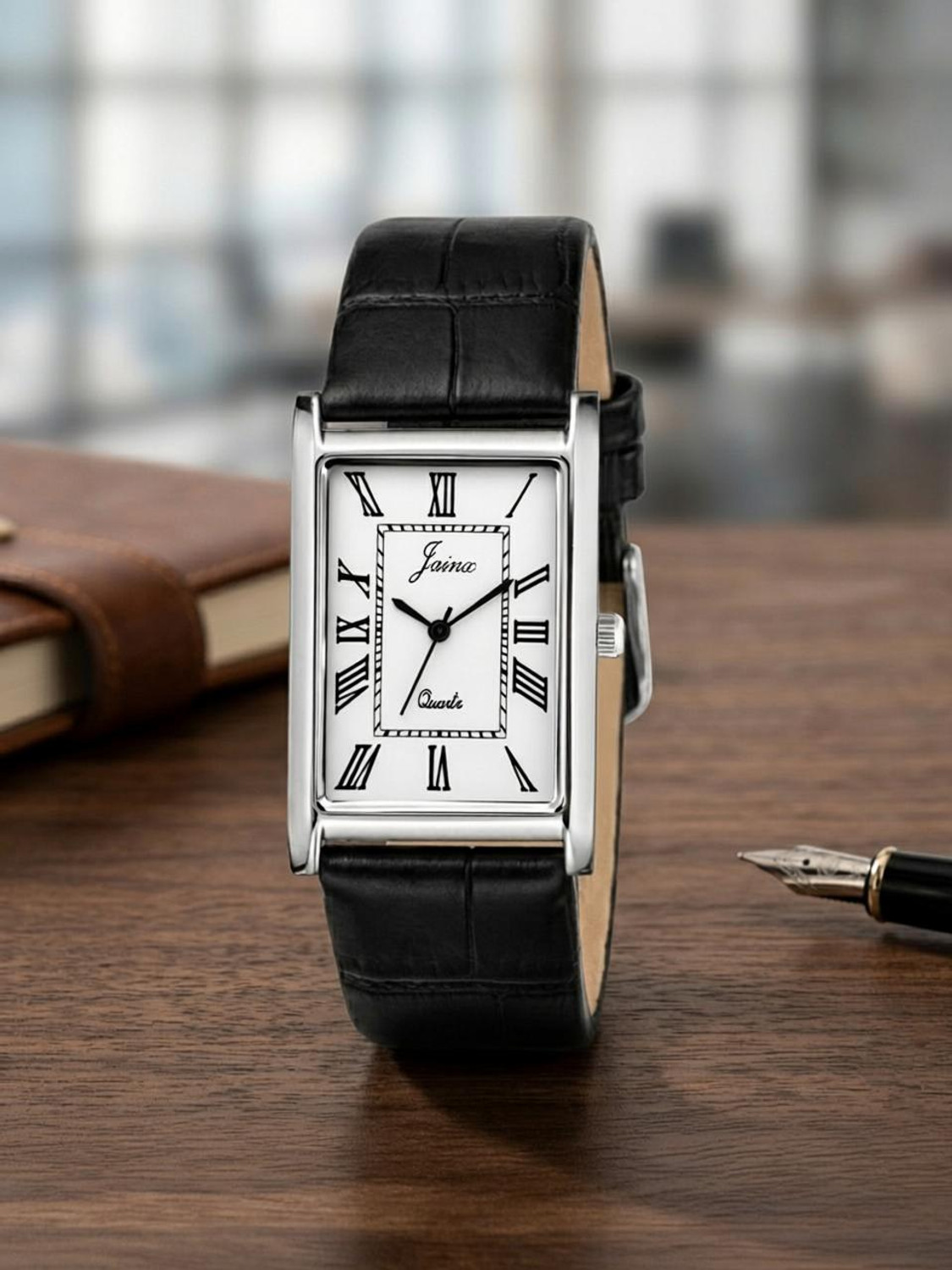 JAINX Executive Rectangular Shape Black Leather Strap Analog Watch - For Men JM7250 - Image 1
