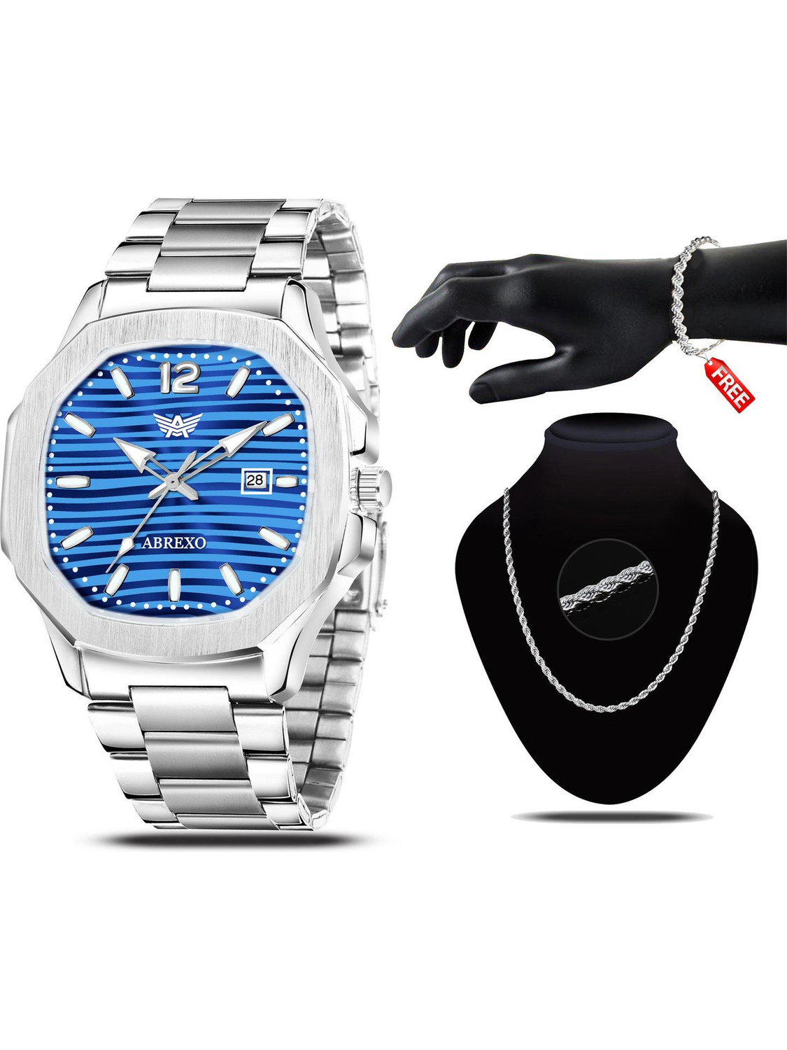 ABREXO Blue Dial Date Working Watch With Designer Chain & Bracelet Combo for Boys Analog Watch - For Men Abx7000- Blue + C2 Silver Chain & Bracelet - Image 1