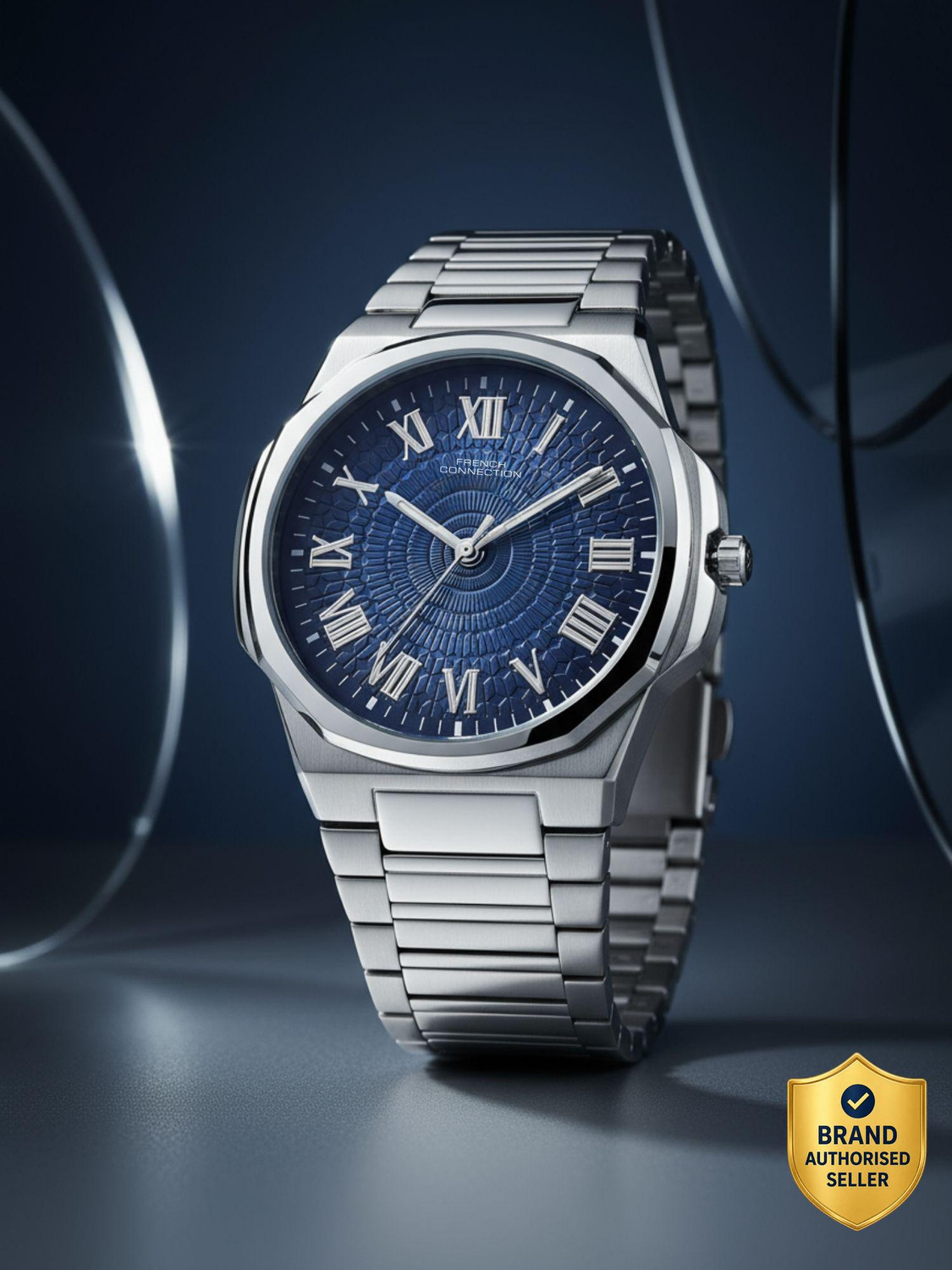 French Connection Roman Number Blue Textured Dial | Men's Silver Analog Watch - For Men FCN0125USM - Image 1