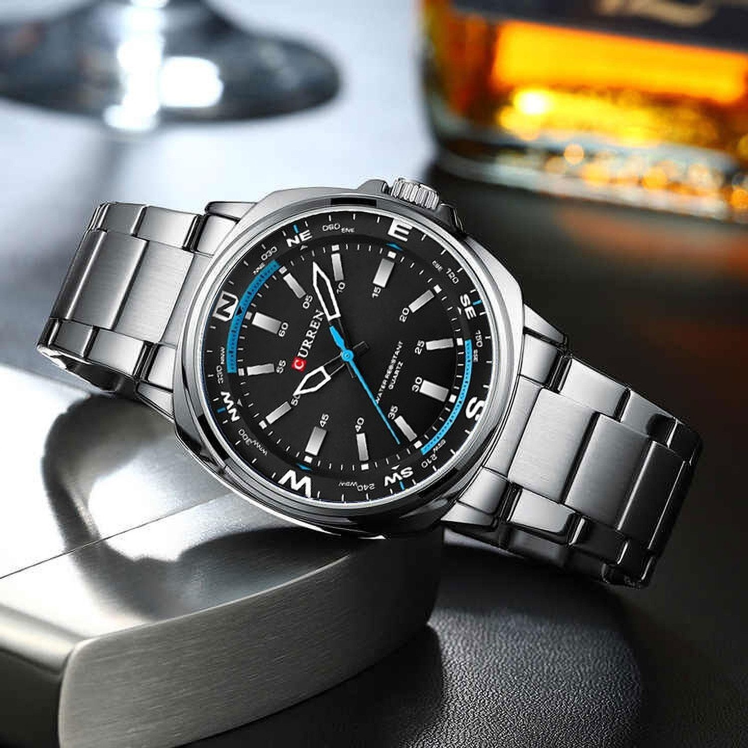 Curren Black Dial Metal Strap Quartz Water Resistant Analog Watch - For Men 8455 - Image 1