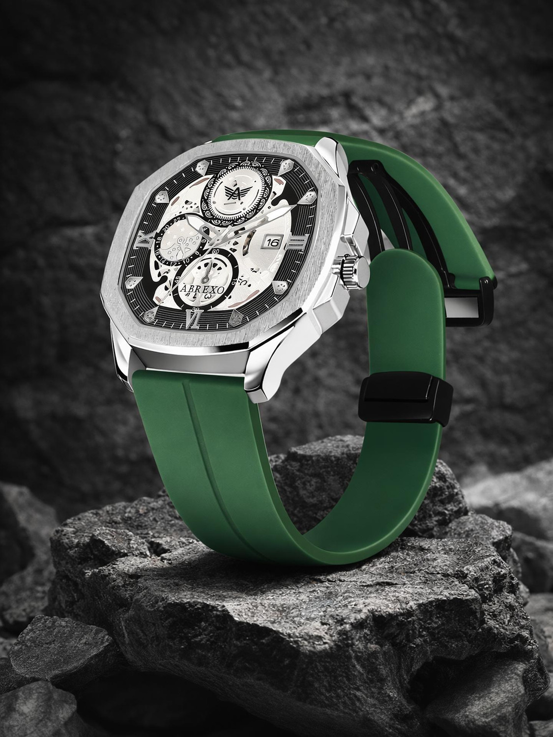 ABREXO Abx8333-SL BK GRN MGT ST Chronograph Look Date Working Green Magnet Silicon Strap Quartz Watch For Boys Analog Watch - For Men - Image 1