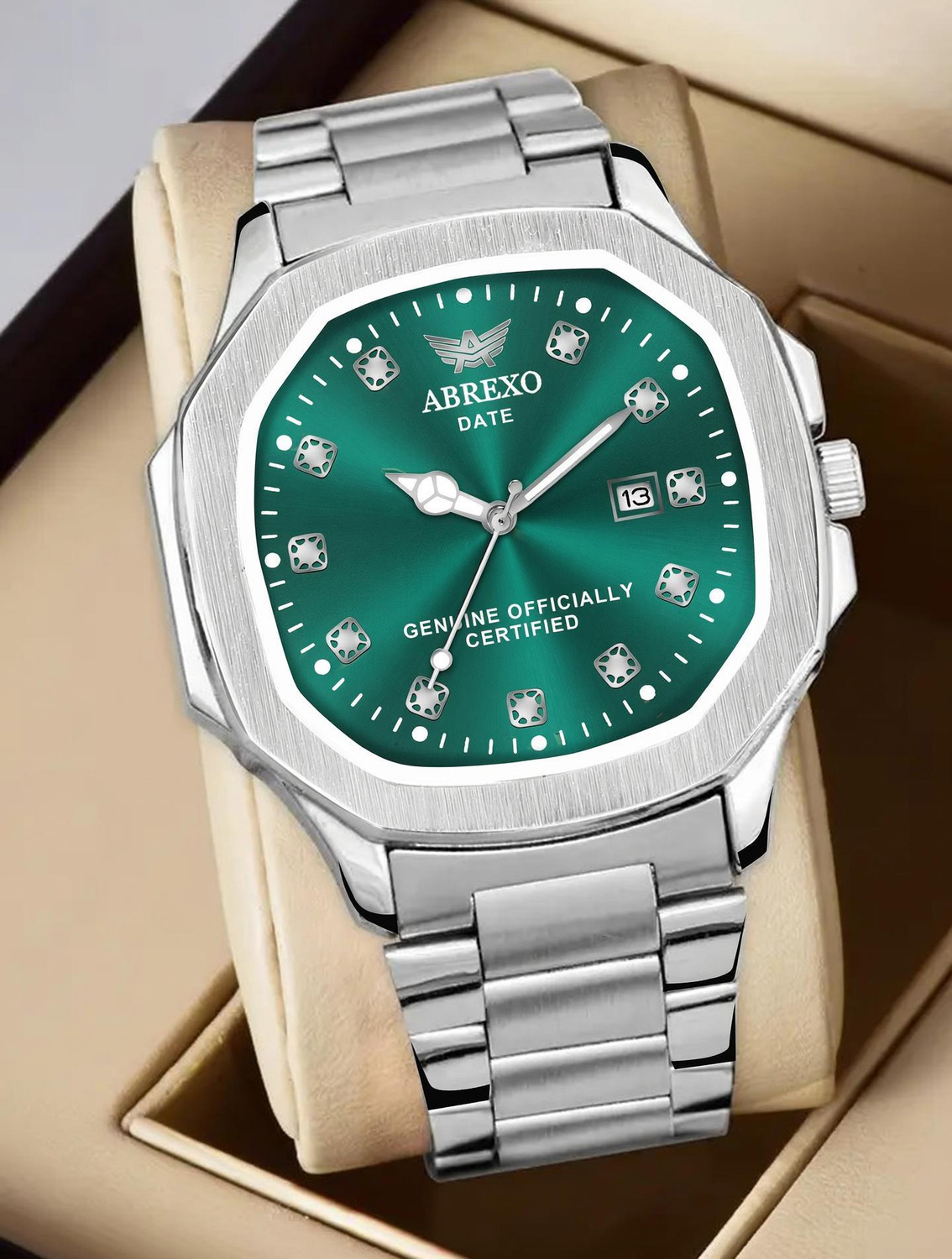 ABREXO Nautilus Date Working Square Green Dial Silver Stainless Steel Quartz Mechanism Analog Watch - For Men Abx4800-GRN SL - Image 1