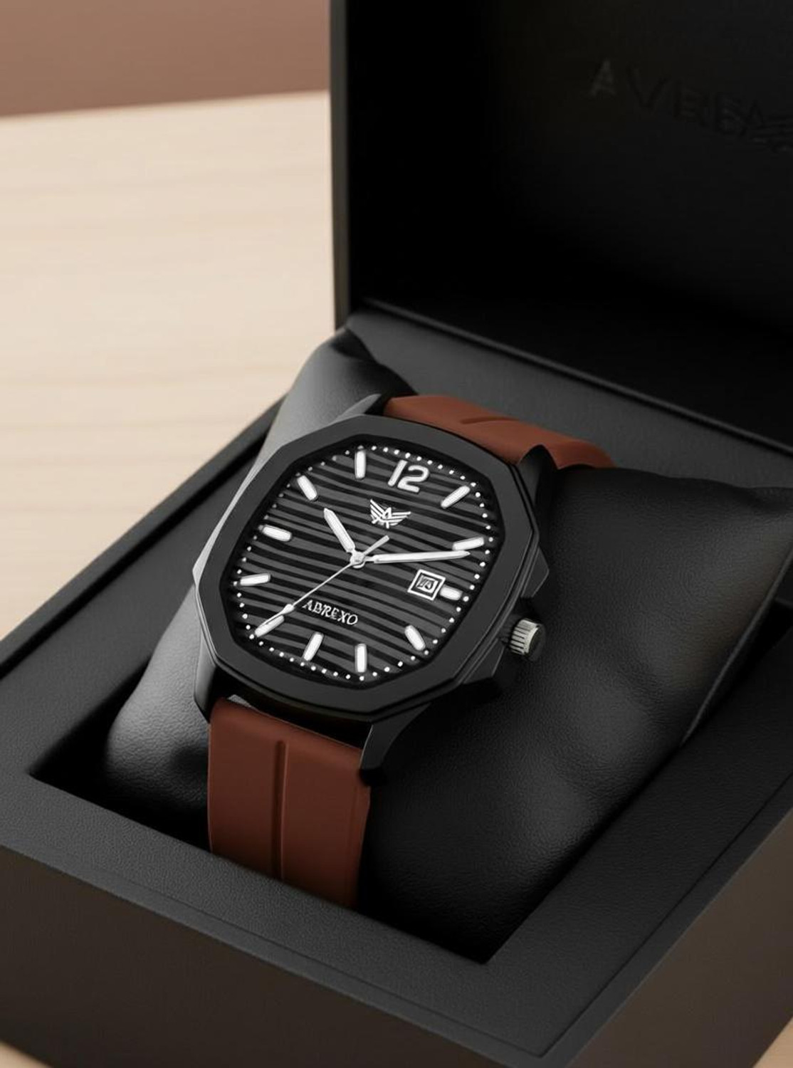 ABREXO Abx6600-BK BR Vintage-Law Date Working Square Black Dial Brown Premium Silicone Strap Boys Analog Watch - For Men - Image 1