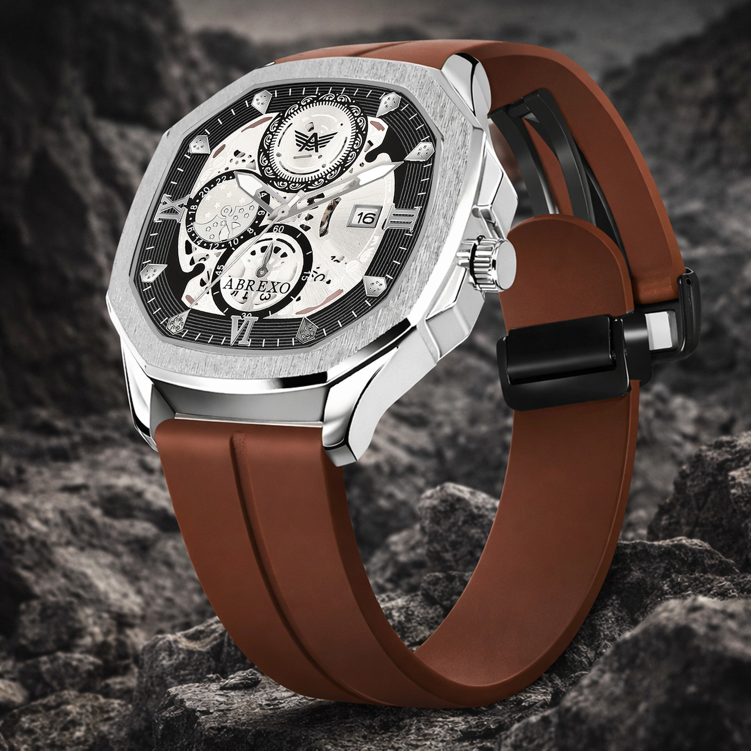 ABREXO Chronograph Look Date Working Brown Magnet Silicon Strap Quartz Watch For Boys Analog Watch - For Men Abx8333-SL BK BR - Image 1