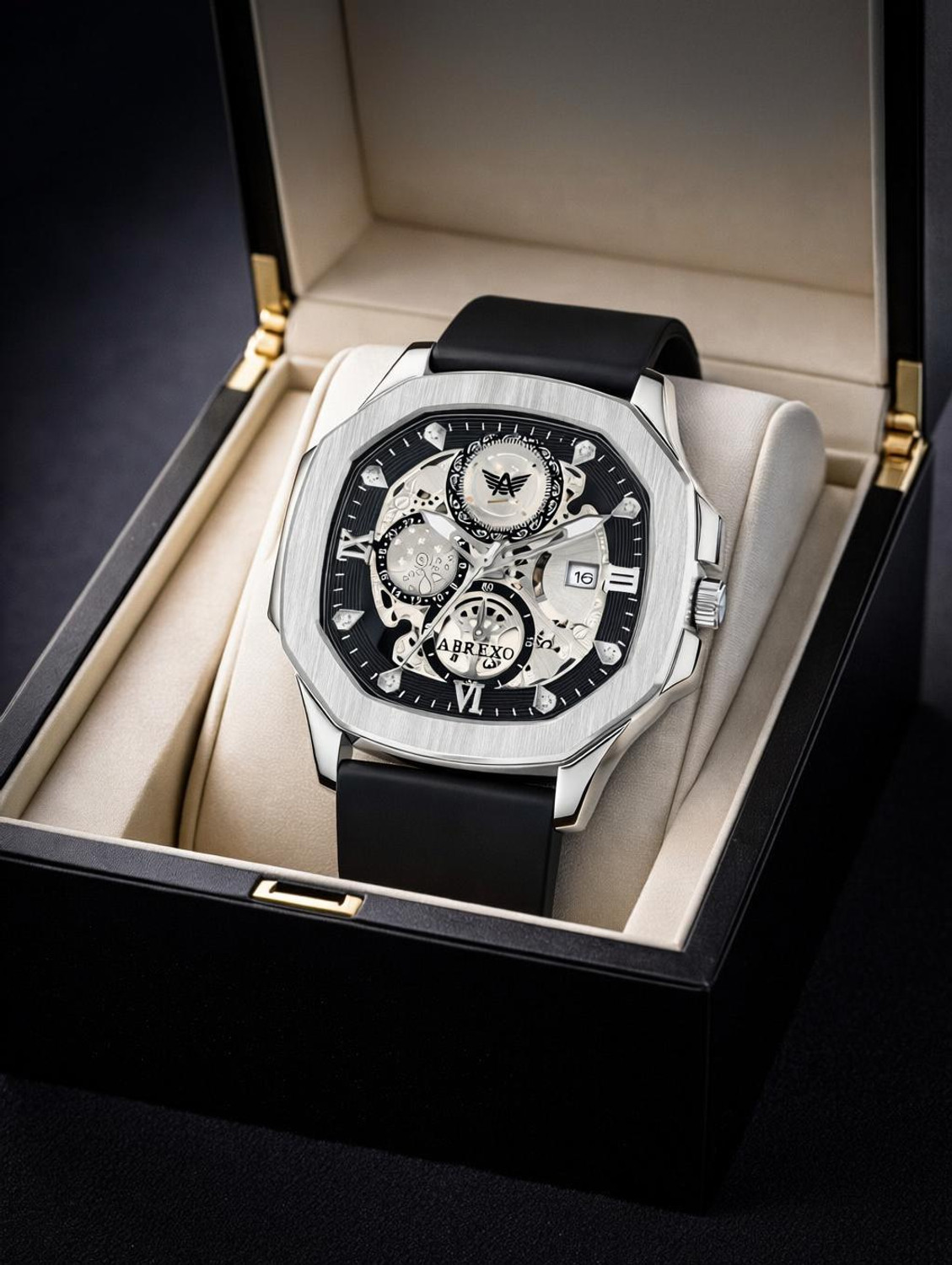 ABREXO GODFATHER Square Chrono Look Silver Dial Date Working Black Silicone Strap Boys Analog Watch - For Men Abx8300-SL BK - Image 1