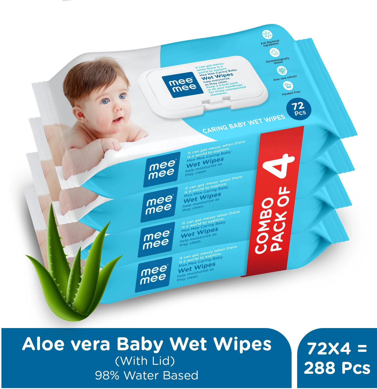 MeeMee Soft Cleansing Baby Wet wipes with Lid | Aloe vera -Pack of 4 Price in India - Image 1