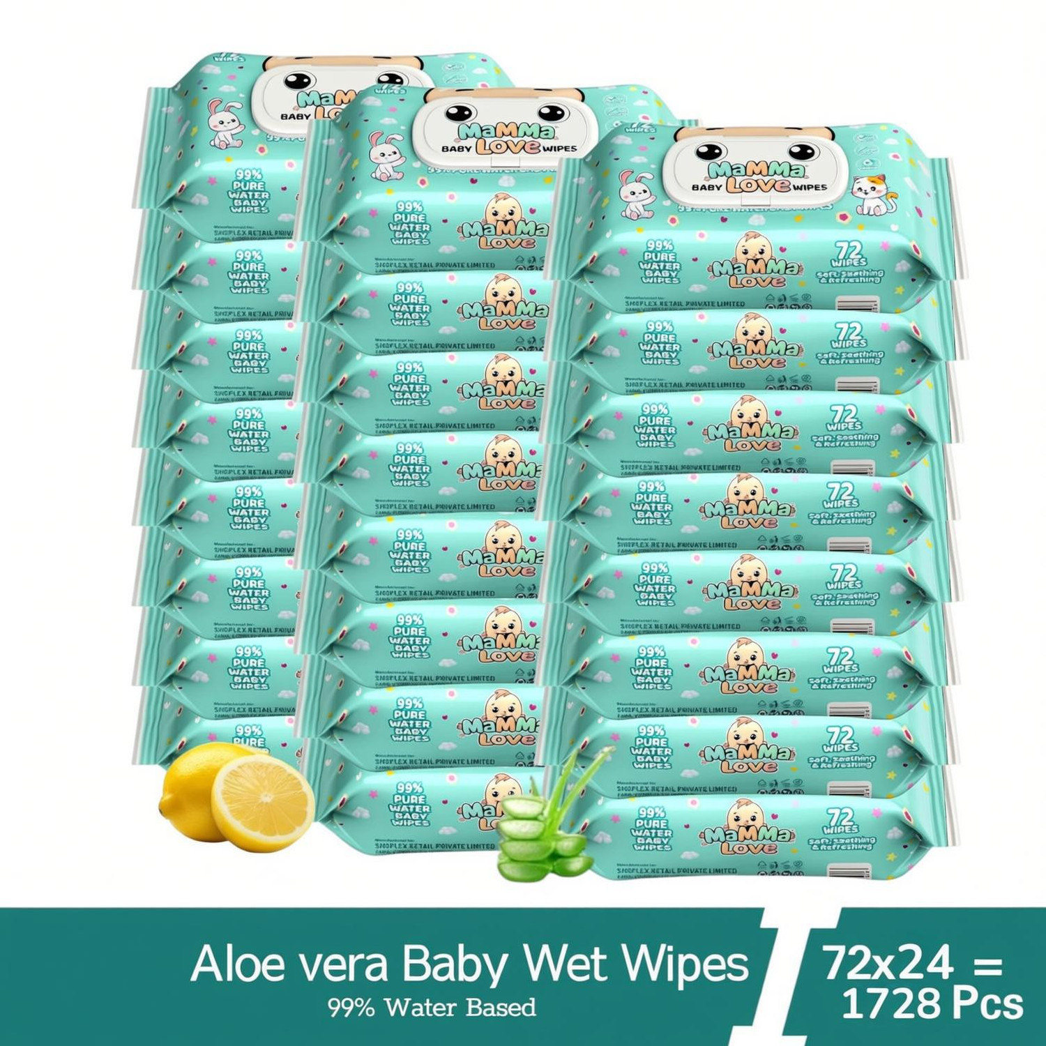 Mamma Love 99% Pure Water Baby Wet Wipes, 24 Packs of 72 - Image 1
