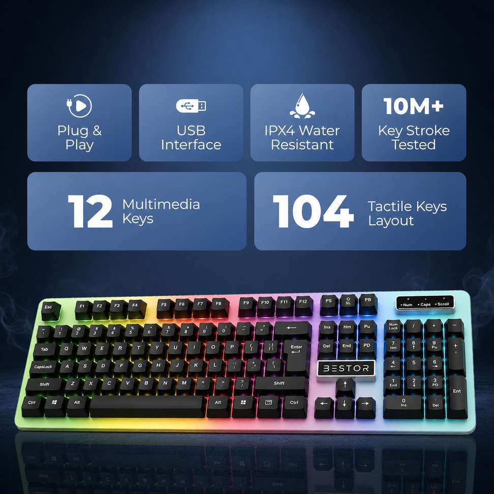 Bestor RGB Gaming Keyboard High-Precision Silent Keys Lightweight Design Plug & Play Wired USB Standard Gaming Keyboard Compatible with Desktop, Laptop - Bestor : Shopsy.in - Image 4