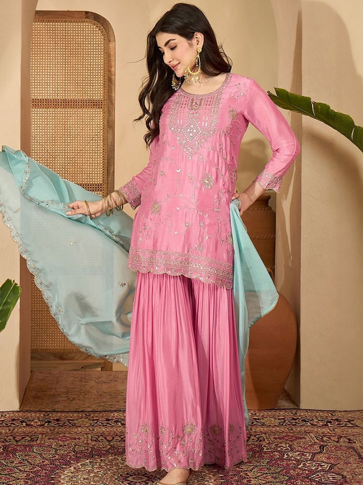 Tavasya Women Silk Blend Zari Sequence Embroidered Kurta with Sharara and Dupatta | Kurta Set | Ethnic Wear | Salwar Suit photo 2