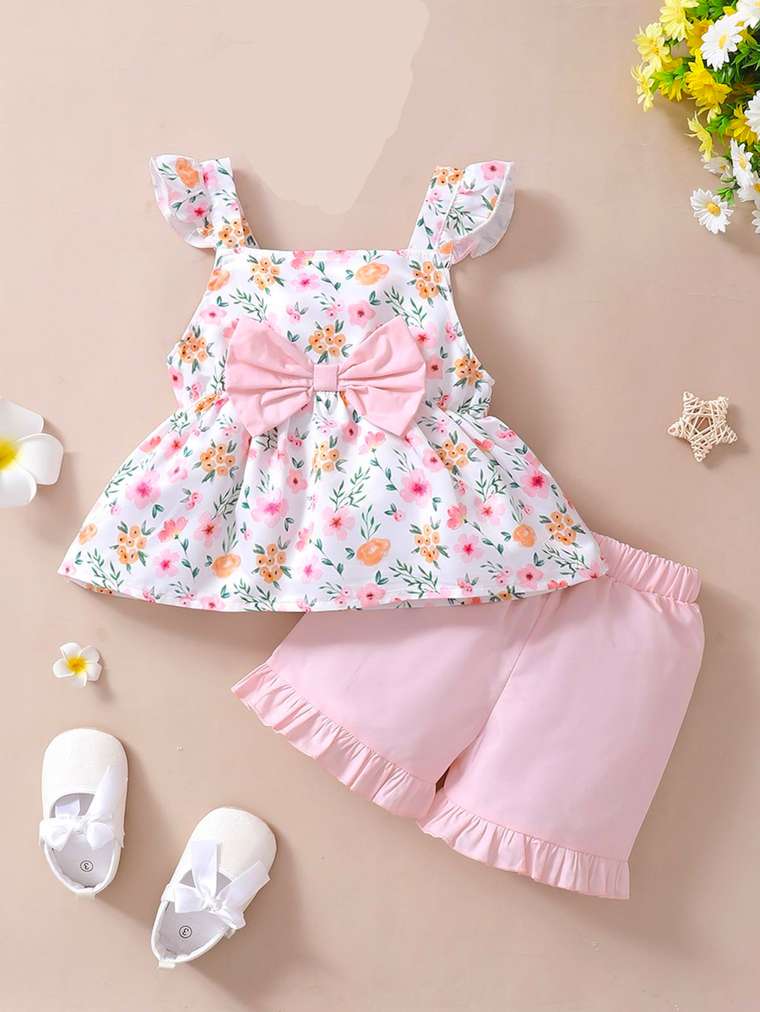 FOSEN Baby Girls Pink Floral Dress and Shorts Set