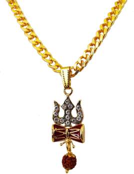 Religious Lord Shiv Trishul Damaru Bronze Pendant Necklace Rhodium