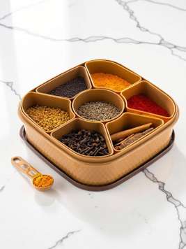 E-COSMOS Set di scatole quadrate in plastica multiuso, 7 sezioni per Masala Rangoli Dabba, scatola per spezie, marrone (scatola Masala - 7 in 1