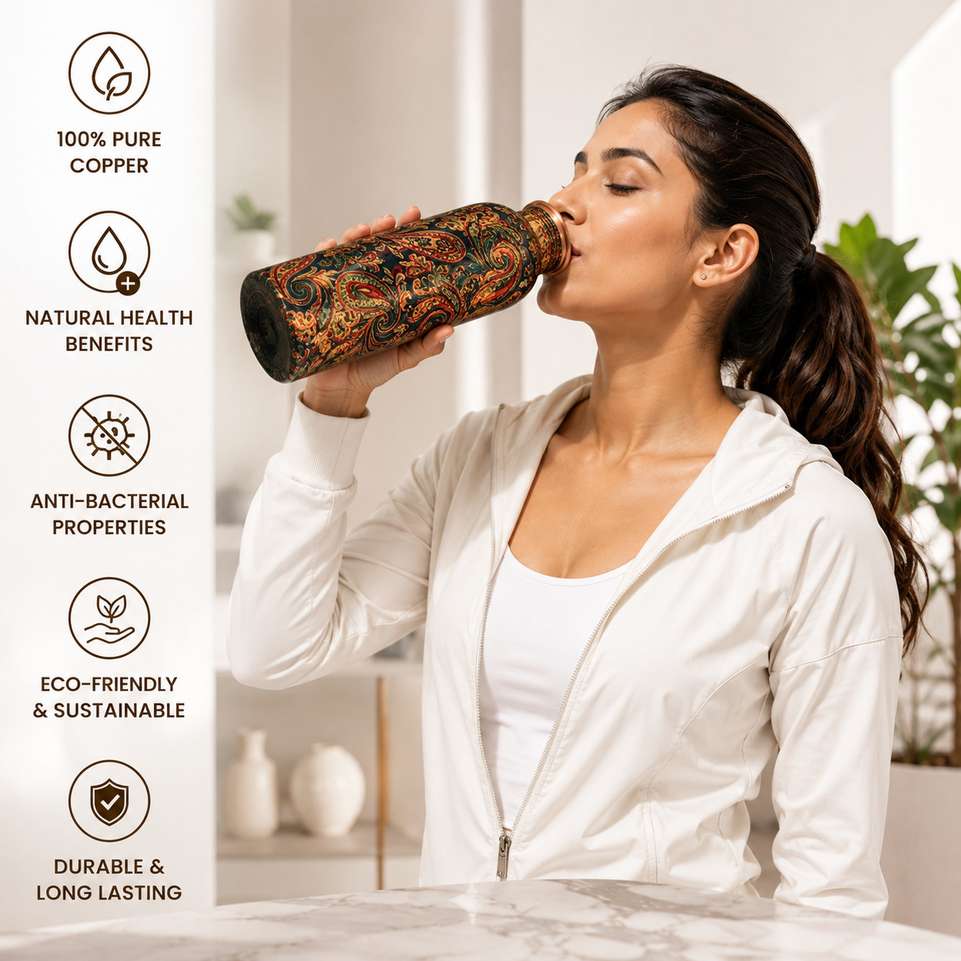 Shopsy copper+ Mangalam Green Printed Copper Water Bottle 950 ml - Image 4